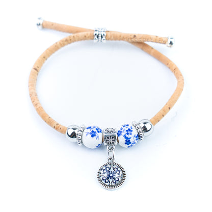 Natural Cork Bracelets with Blue Floral Beads and Round Charms – Set of 10-DBR-071-MIX-10