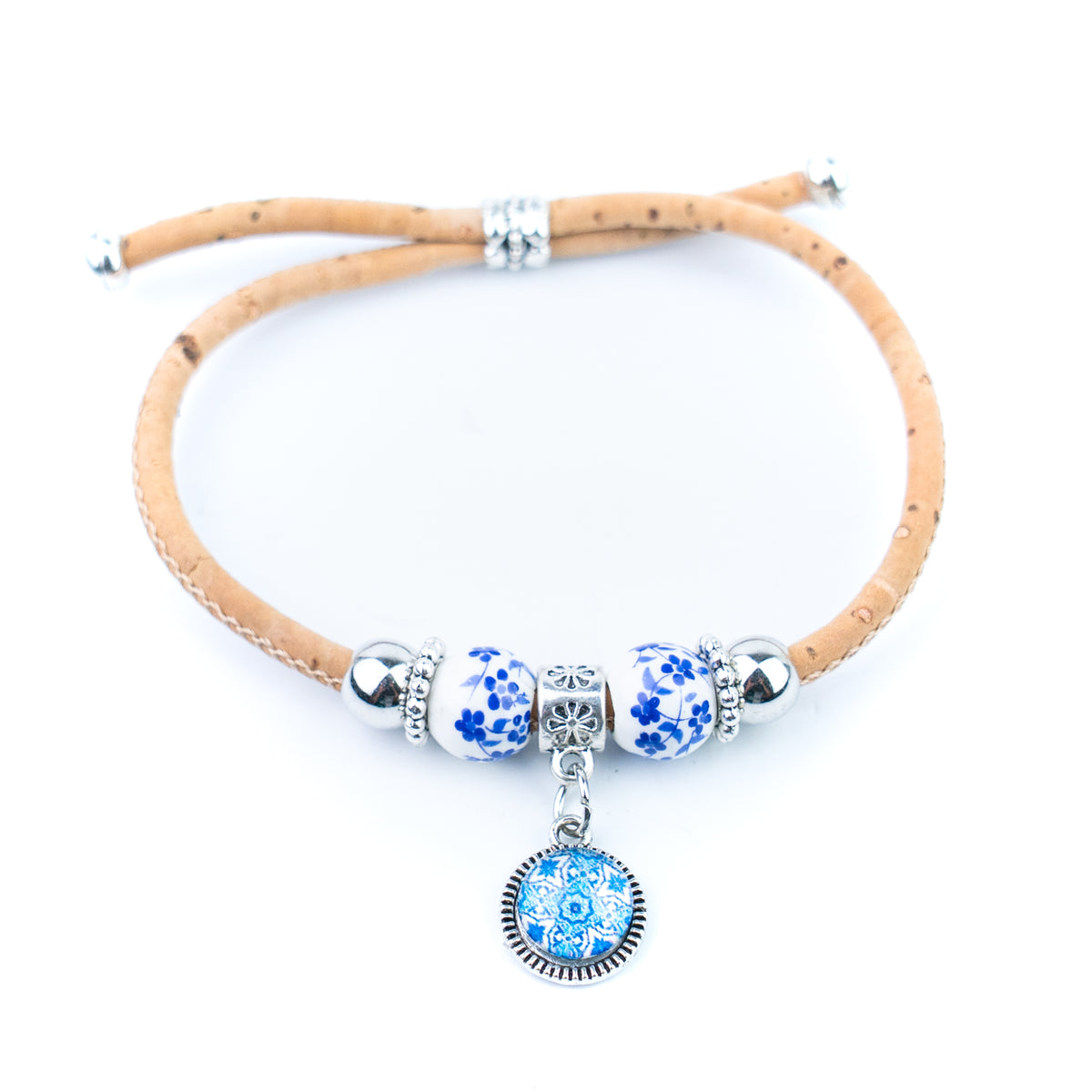 Natural Cork Bracelets with Blue Floral Beads and Round Charms – Set of 10-DBR-071-MIX-10