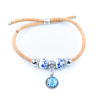 Natural Cork Bracelets with Blue Floral Beads and Round Charms – Set of 10-DBR-071-MIX-10
