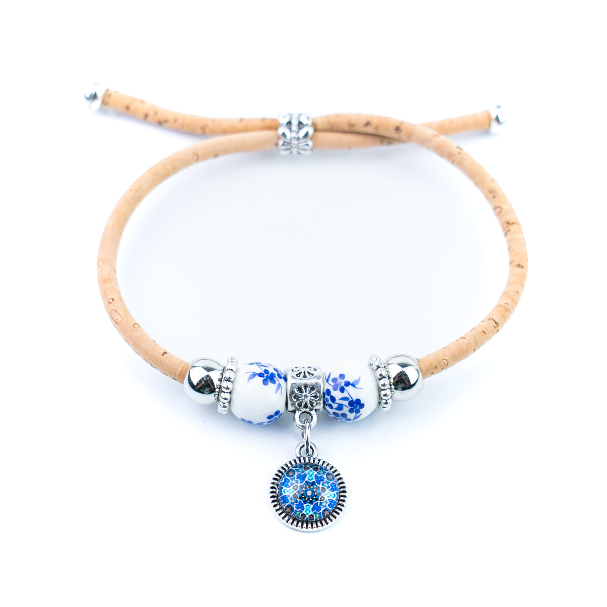 Natural Cork Bracelets with Blue Floral Beads and Round Charms – Set of 10-DBR-071-MIX-10