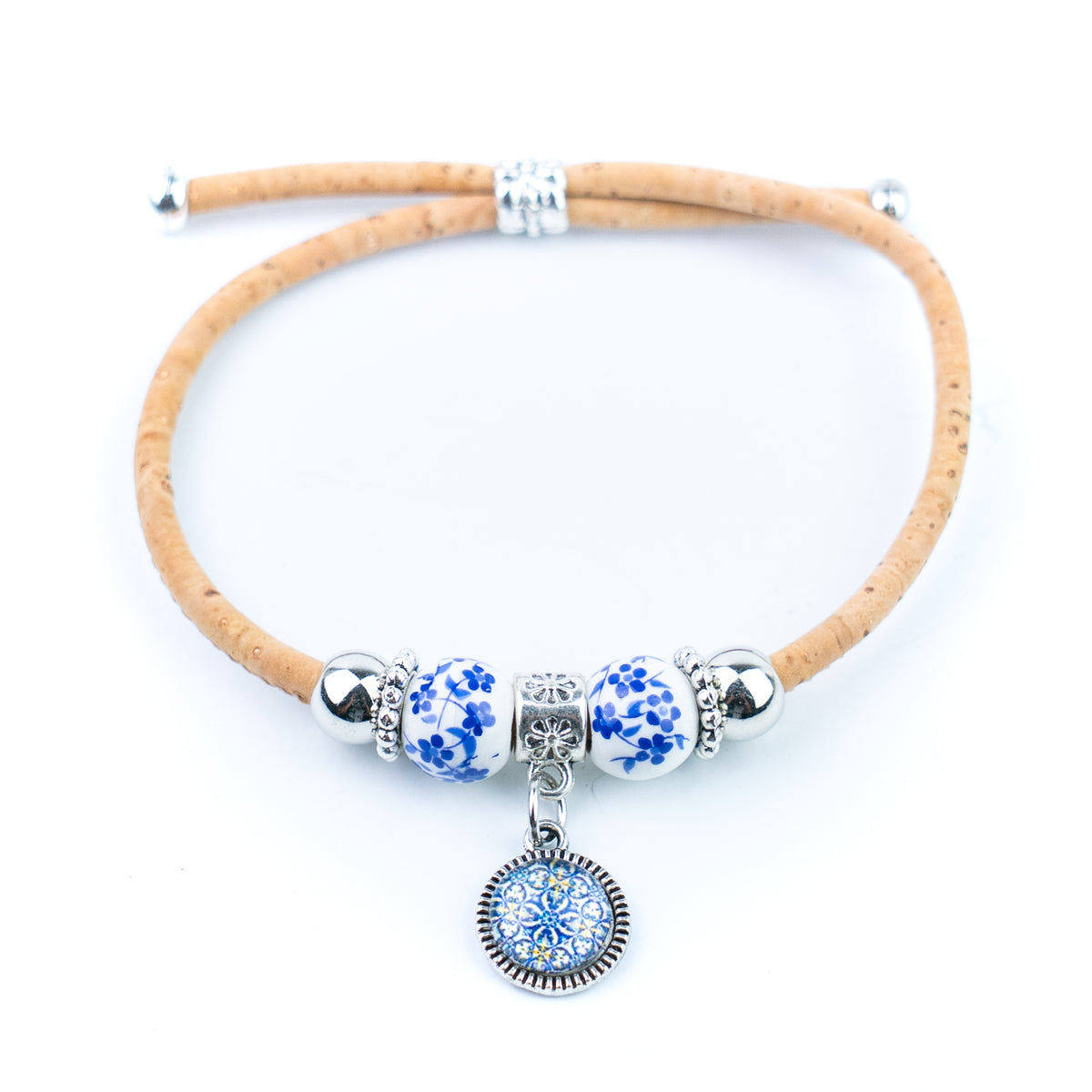 Natural Cork Bracelets with Blue Floral Beads and Round Charms – Set of 10-DBR-071-MIX-10