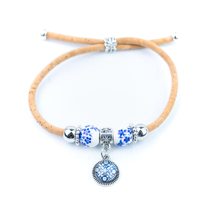 Natural Cork Bracelets with Blue Floral Beads and Round Charms – Set of 10-DBR-071-MIX-10