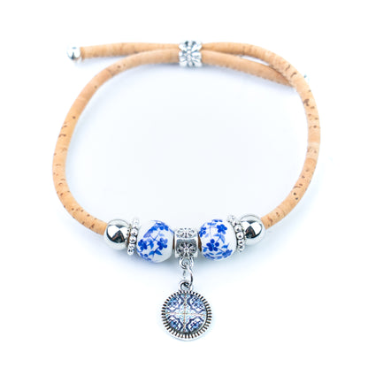 Natural Cork Bracelets with Blue Floral Beads and Round Charms – Set of 10-DBR-071-MIX-10