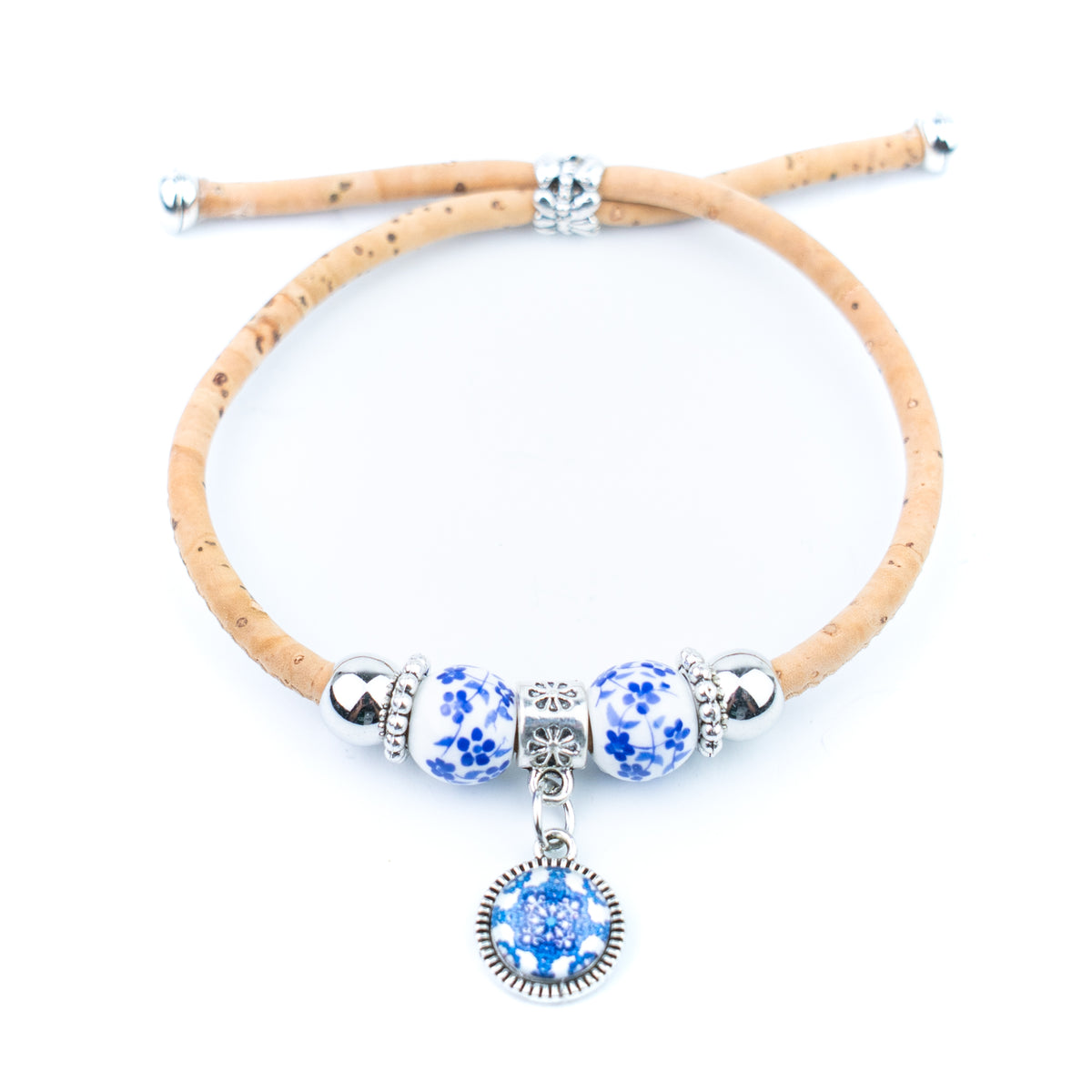 Natural Cork Bracelets with Blue Floral Beads and Round Charms – Set of 10-DBR-071-MIX-10