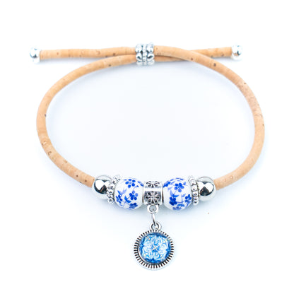 Natural Cork Bracelets with Blue Floral Beads and Round Charms – Set of 10-DBR-071-MIX-10