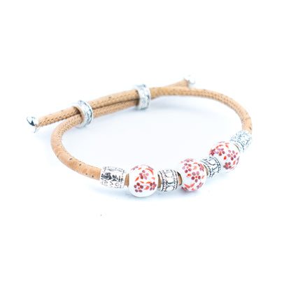 Natural Cork Bracelet with Floral Ceramic Beads – Set of 10 Assorted Colours DBR-066-MIX-10