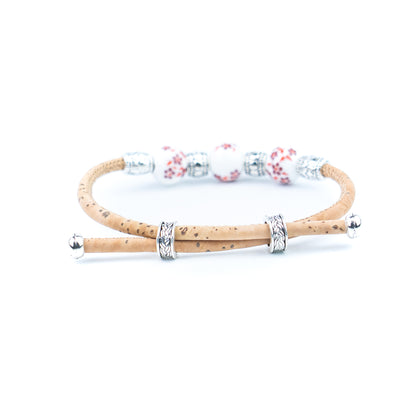 Natural Cork Bracelet with Floral Ceramic Beads – Set of 10 Assorted Colours DBR-066-MIX-10