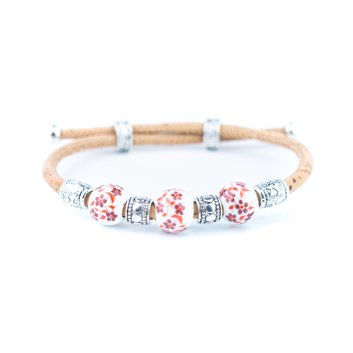 Natural Cork Bracelet with Floral Ceramic Beads – Set of 10 Assorted Colours DBR-066-MIX-10