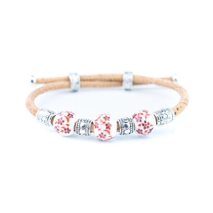 Natural Cork Bracelet with Floral Ceramic Beads – Set of 10 Assorted Colours DBR-066-MIX-10