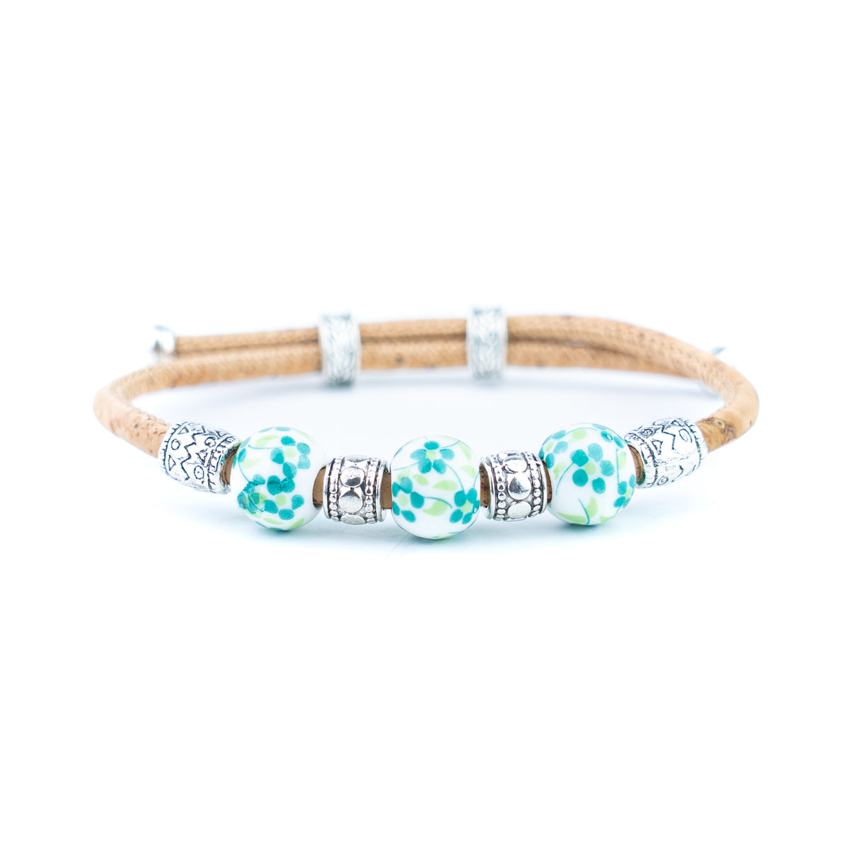 Natural Cork Bracelet with Floral Ceramic Beads – Set of 10 Assorted Colours DBR-066-MIX-10