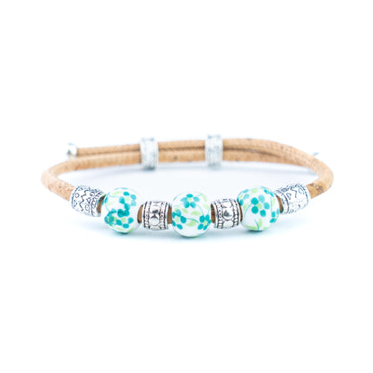 Natural Cork Bracelet with Floral Ceramic Beads – Set of 10 Assorted Colours DBR-066-MIX-10