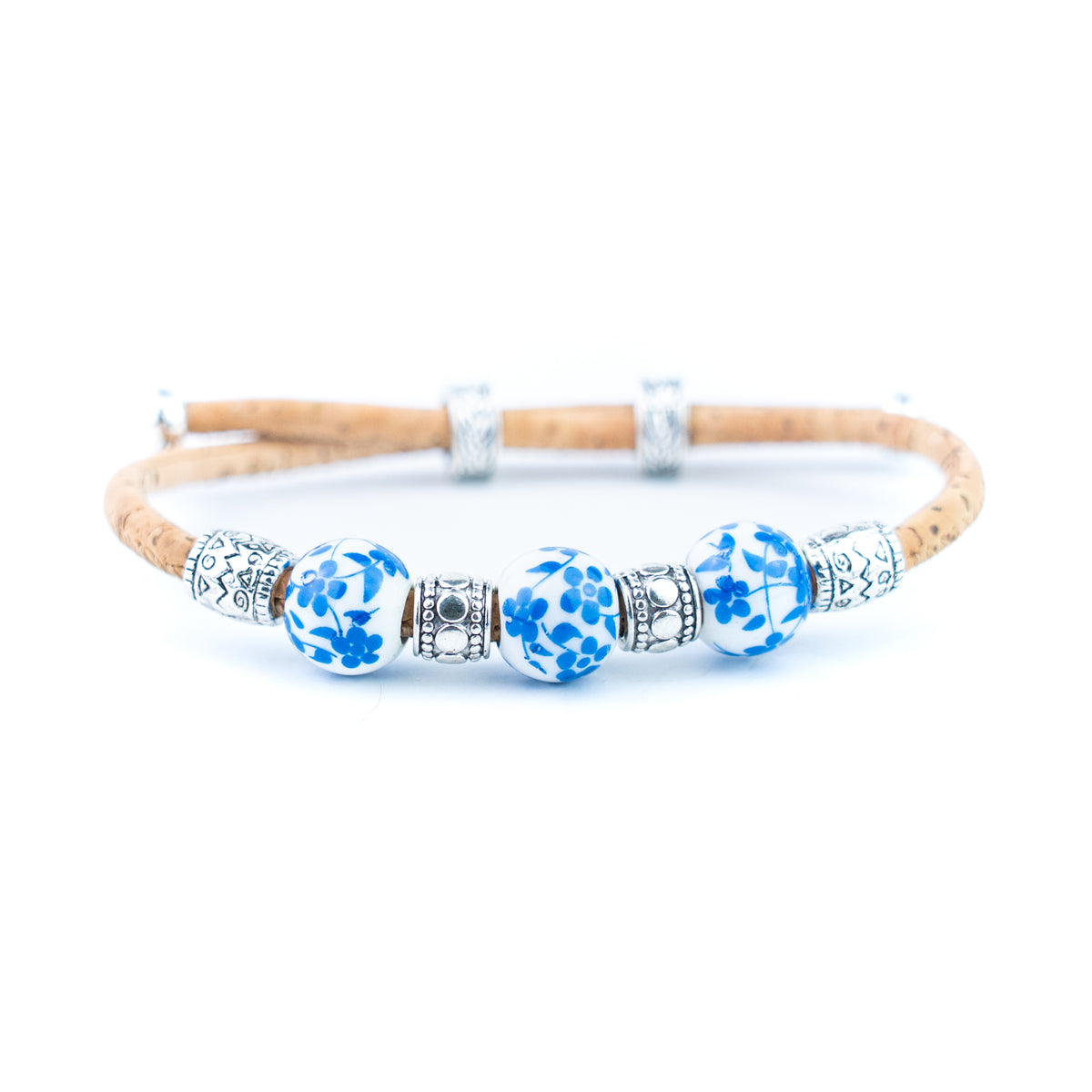 Natural Cork Bracelet with Floral Ceramic Beads – Set of 10 Assorted Colours DBR-066-MIX-10