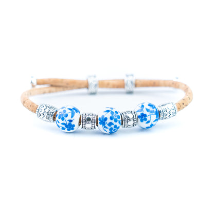 Natural Cork Bracelet with Floral Ceramic Beads – Set of 10 Assorted Colours DBR-066-MIX-10