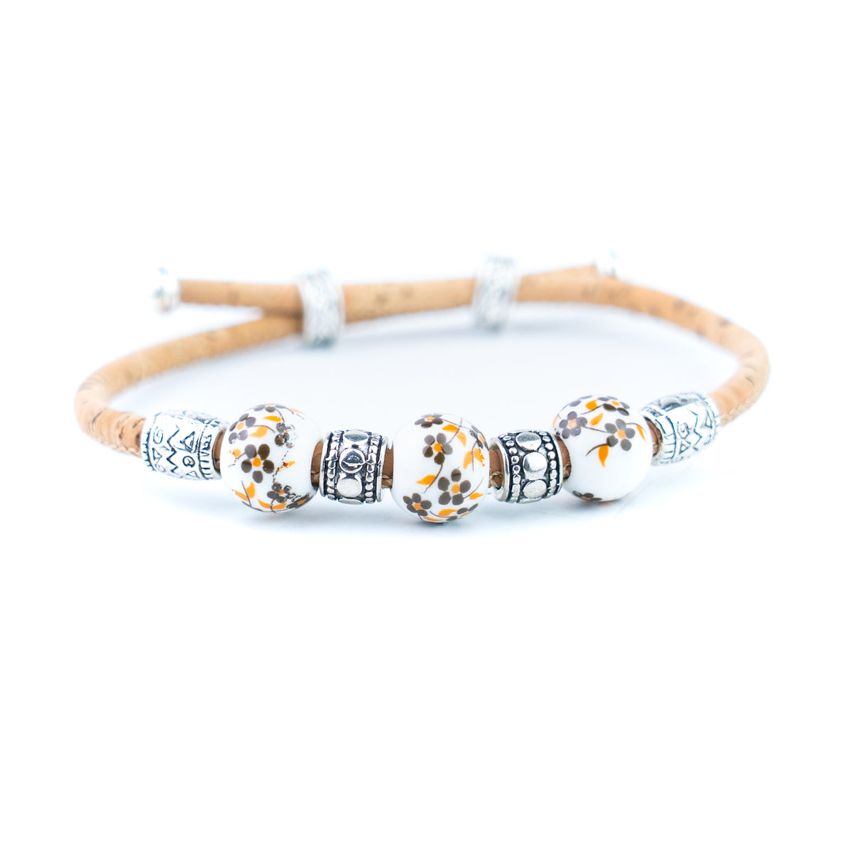 Natural Cork Bracelet with Floral Ceramic Beads – Set of 10 Assorted Colours DBR-066-MIX-10