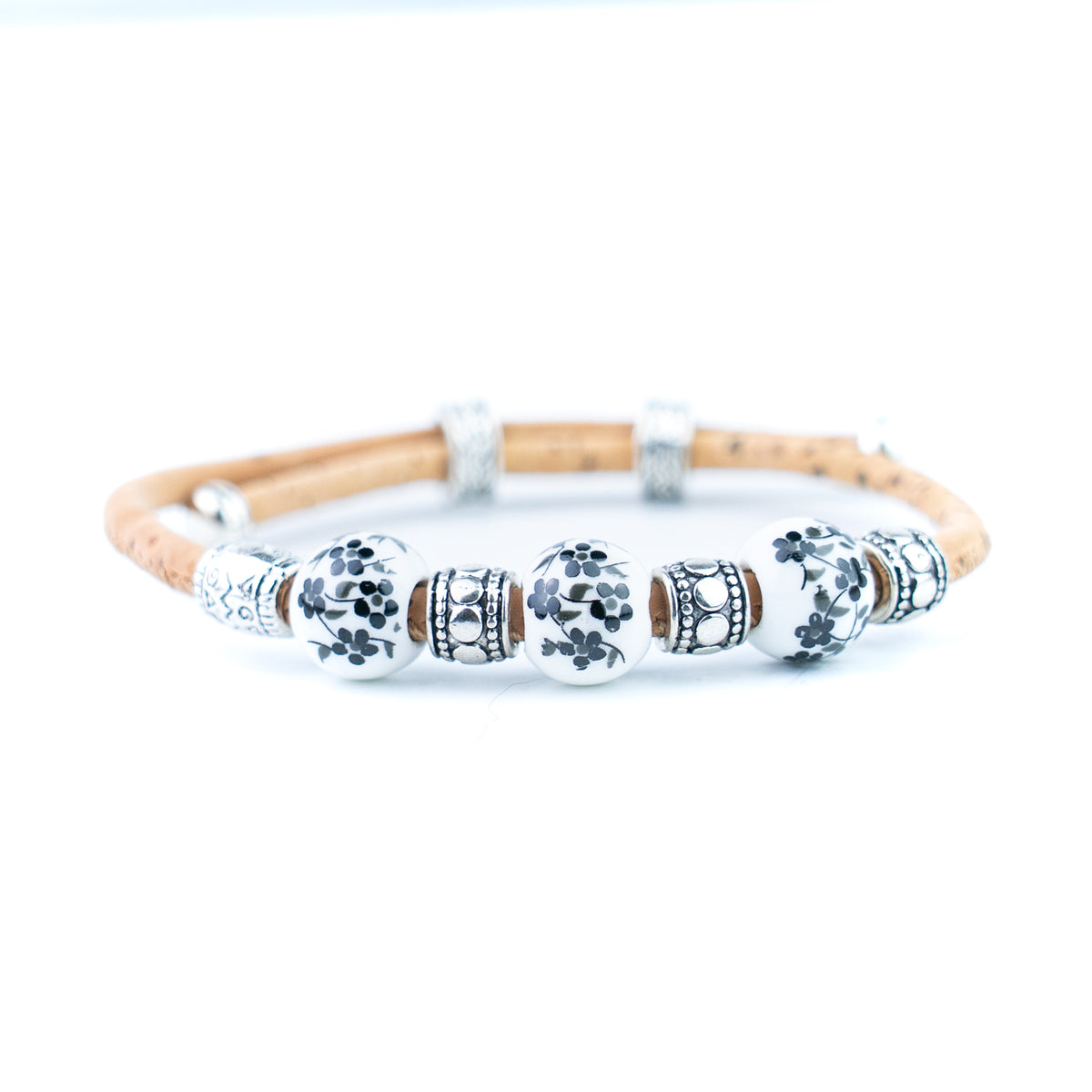 Natural Cork Bracelet with Floral Ceramic Beads – Set of 10 Assorted Colours DBR-066-MIX-10