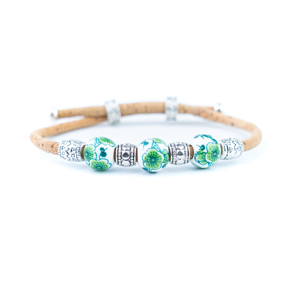 Natural Cork Bracelet with Floral Ceramic Beads – Set of 10 Assorted Colours DBR-066-MIX-10