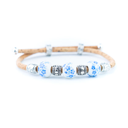 Natural Cork Bracelet with Floral Ceramic Beads – Set of 10 Assorted Colours DBR-066-MIX-10