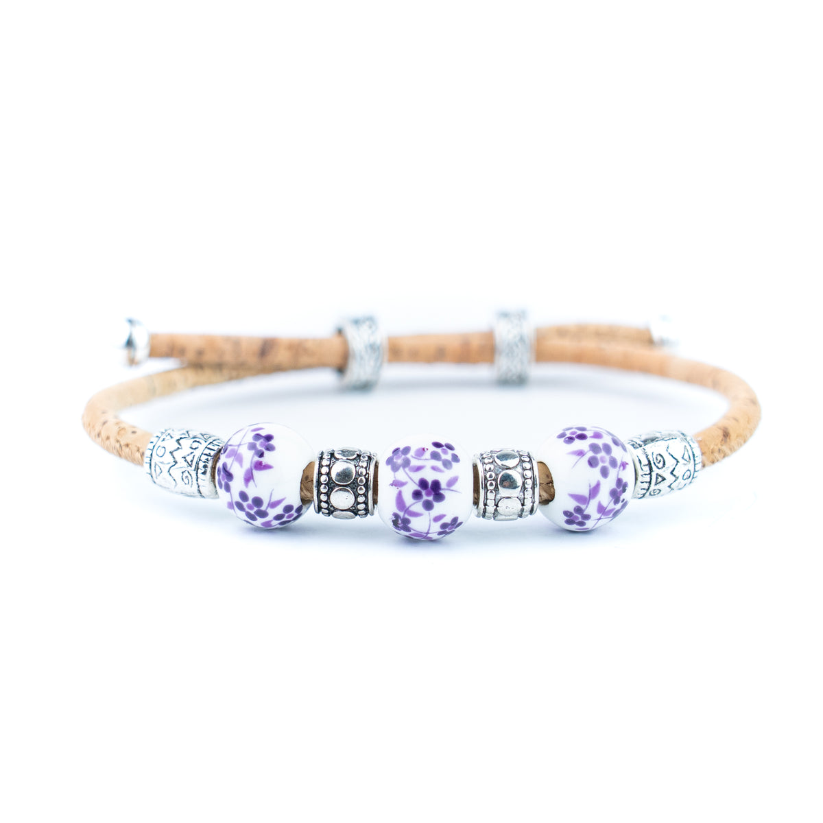 Natural Cork Bracelet with Floral Ceramic Beads – Set of 10 Assorted Colours DBR-066-MIX-10