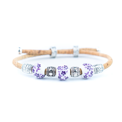 Natural Cork Bracelet with Floral Ceramic Beads – Set of 10 Assorted Colours DBR-066-MIX-10