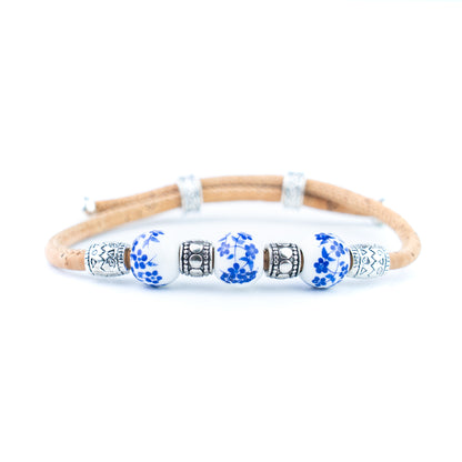 Natural Cork Bracelet with Floral Ceramic Beads – Set of 10 Assorted Colours DBR-066-MIX-10