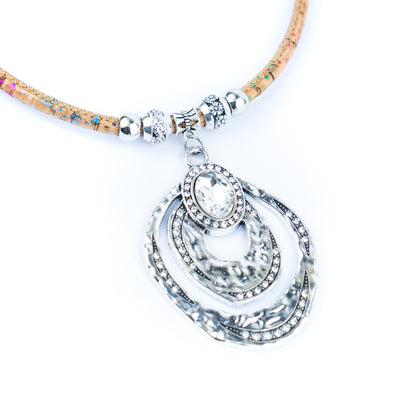 Elegant Handmade Cork Necklace – Multi-Layer Arc Pendant in Vintage Silver, Natural Eco Jewelry N-201-5