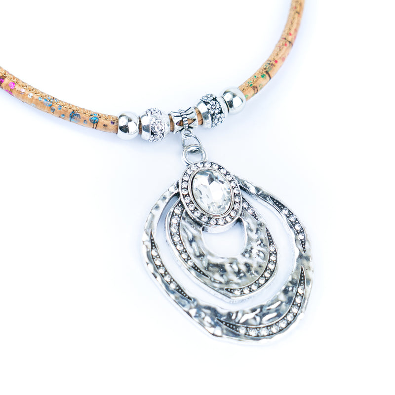 Elegant Handmade Cork Necklace – Multi-Layer Arc Pendant in Vintage Silver, Natural Eco Jewelry N-201-5