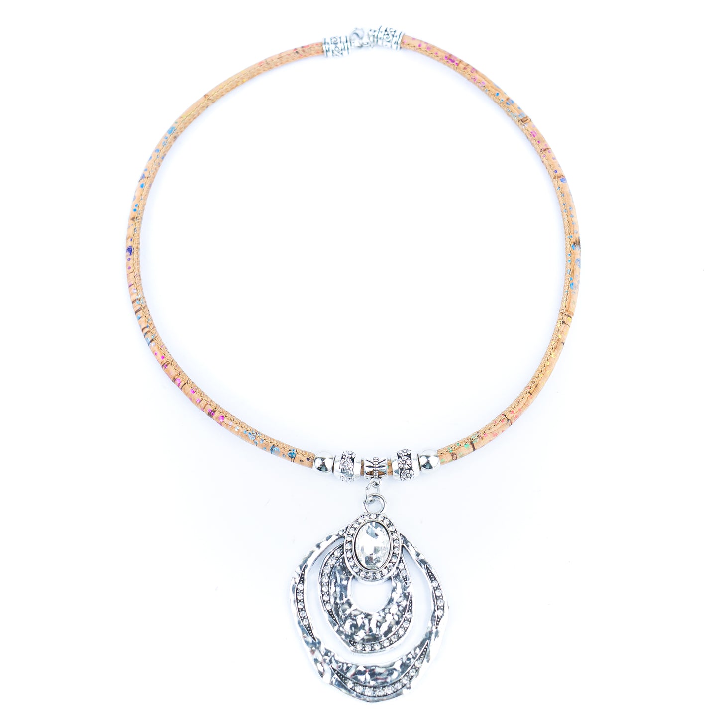 Elegant Handmade Cork Necklace – Multi-Layer Arc Pendant in Vintage Silver, Natural Eco Jewelry N-201-5