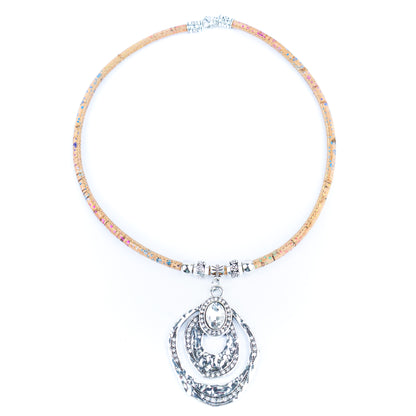 Elegant Handmade Cork Necklace – Multi-Layer Arc Pendant in Vintage Silver, Natural Eco Jewelry N-201-5