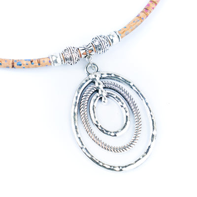 Natural cork cord and three-layer silver ring pendant handmade women's fashion necklace N-301-5