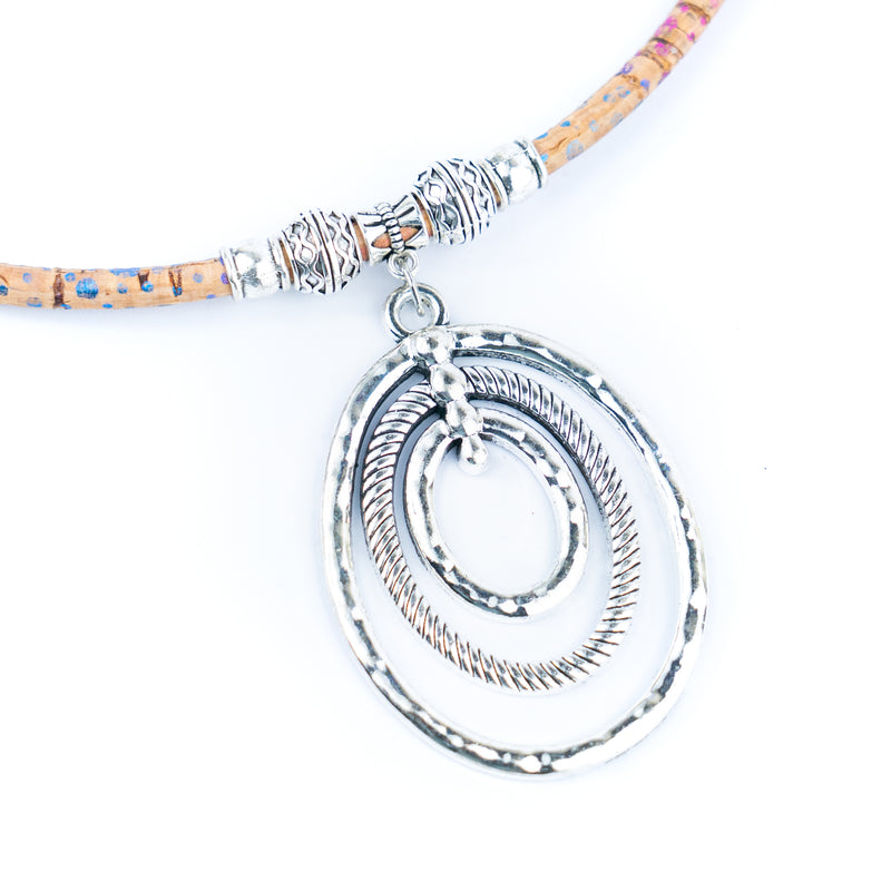 Natural cork cord and three-layer silver ring pendant handmade women&