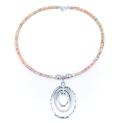Natural cork cord and three-layer silver ring pendant handmade women's fashion necklace N-301-5