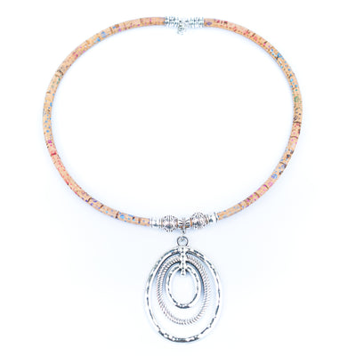 Natural cork cord and three-layer silver ring pendant handmade women's fashion necklace N-301-5