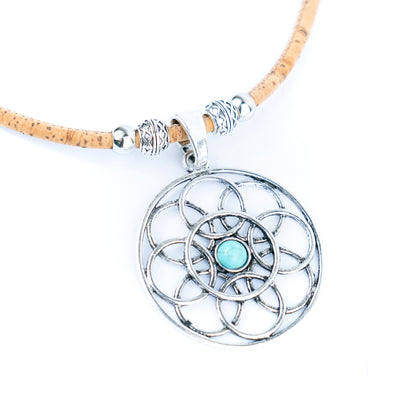 Natural cork cord and a vintage-style geometric floral pattern handmade women's fashion necklace N-003-5