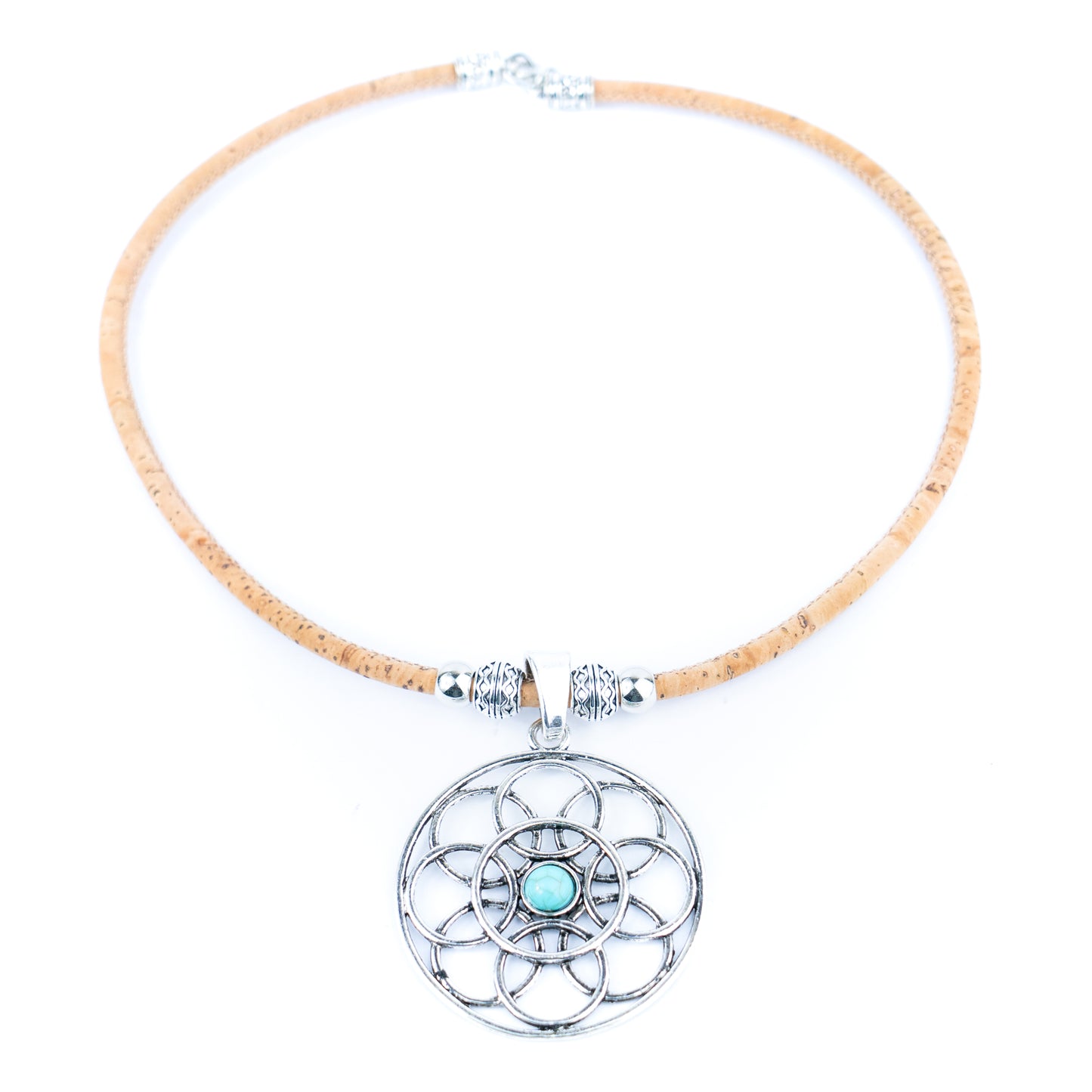 Natural cork cord and a vintage-style geometric floral pattern handmade women's fashion necklace N-003-5