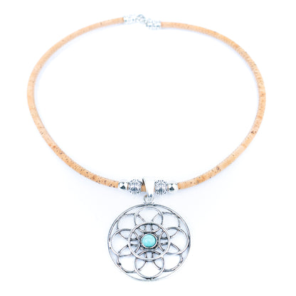 Natural cork cord and a vintage-style geometric floral pattern handmade women's fashion necklace N-003-5