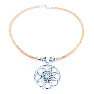 Natural cork cord and a vintage-style geometric floral pattern handmade women's fashion necklace N-003-5