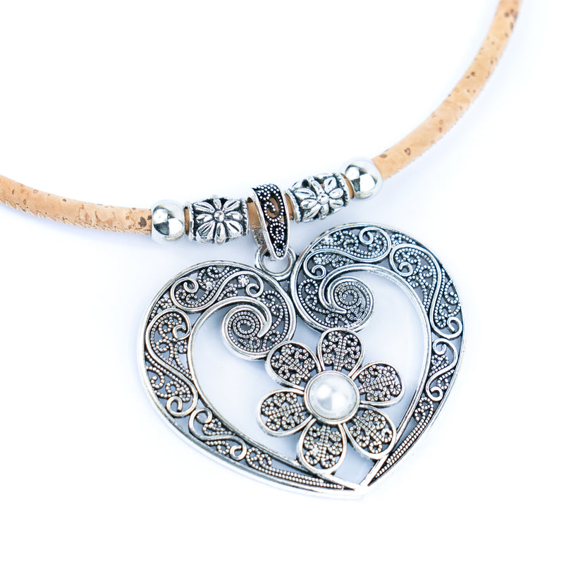 Natural cork cord and hollow heart pendant handmade women&