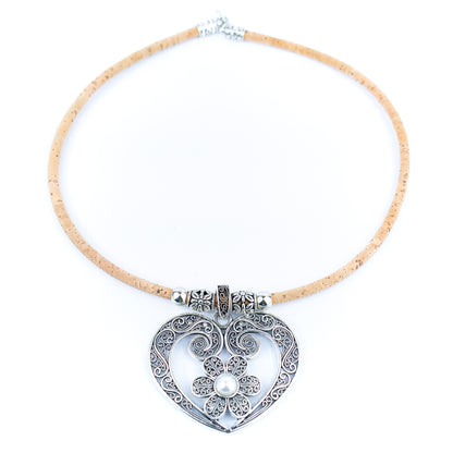 Natural cork cord and hollow heart pendant handmade women's fashion necklace N-013-5