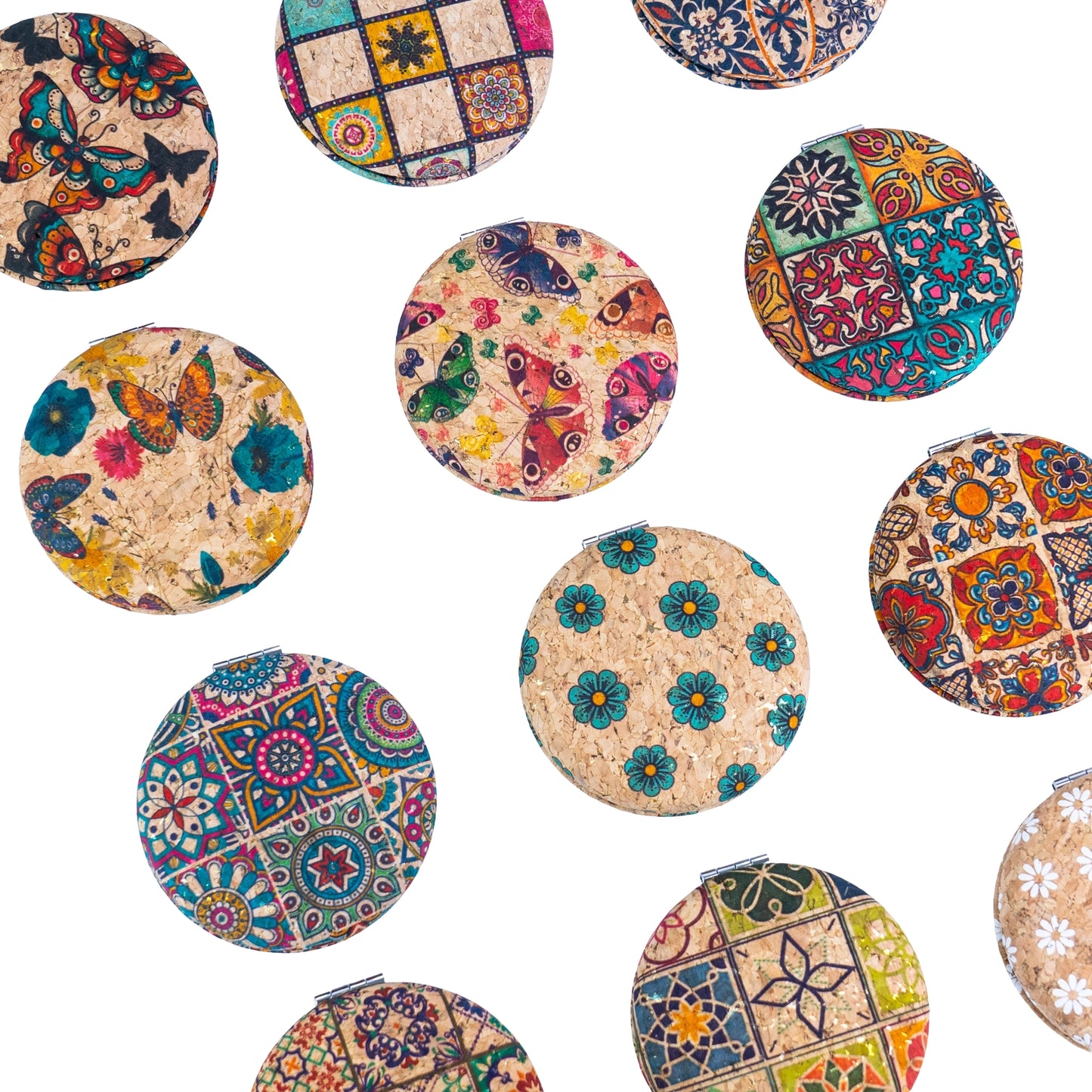 12pcs | Cork Compact Mirror Dual Mirror — Round & Heart Shape L-1194