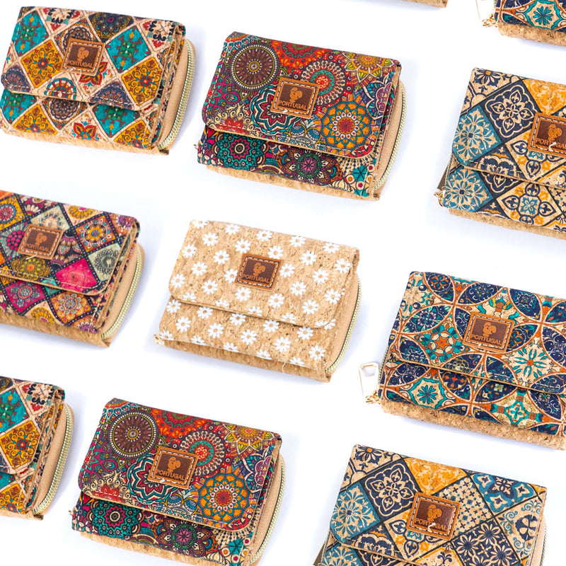 Foldable Printed Cork Wallets Bifold Coin Purses with Card Slots BAGD-548B-MIX-6