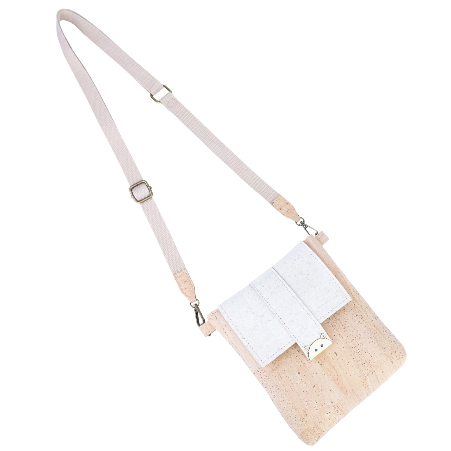Natural Cork Crossbody Bag with White Flap & Cat Clasp —BAGP-375