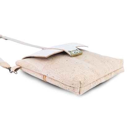 Natural Cork Crossbody Bag with White Flap & Cat Clasp —BAGP-375