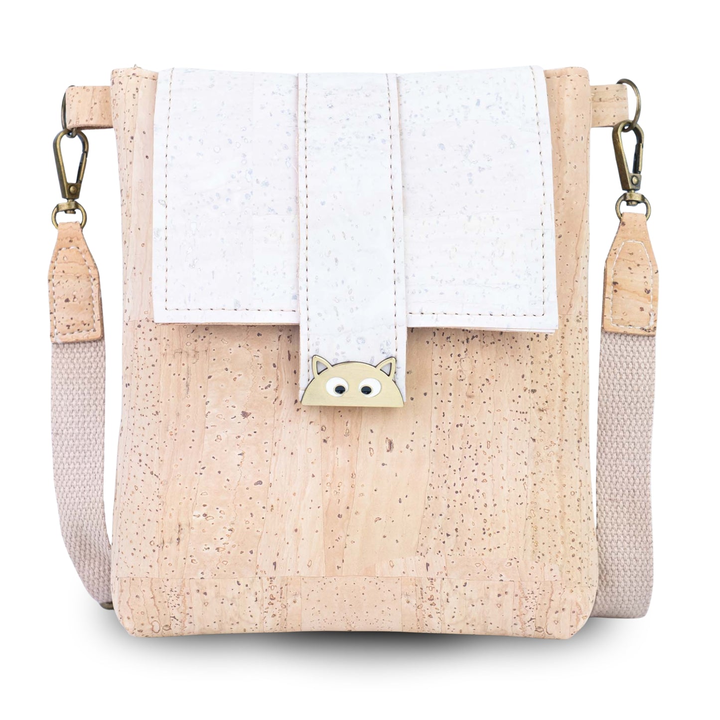 Natural Cork Crossbody Bag with White Flap & Cat Clasp —BAGP-375