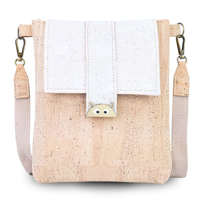 Natural Cork Crossbody Bag with White Flap & Cat Clasp —BAGP-375
