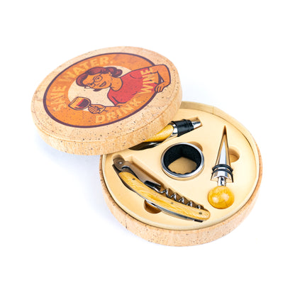 Cork Wine Accessory Gift Set – 4-Piece in Natural Cork Box L-1156