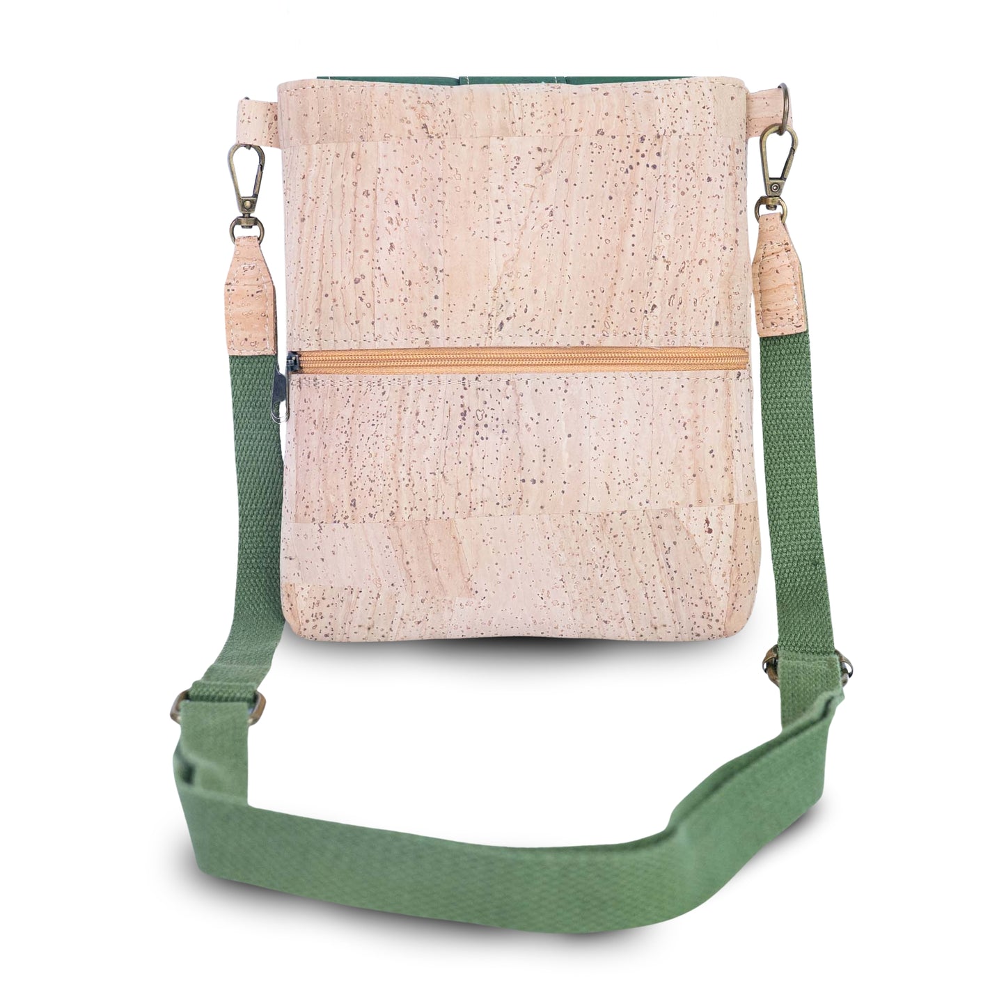 Natural Cork Crossbody Bag with Green Flap & Cat Clasp — BAGP-376