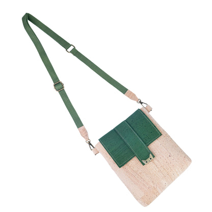 Natural Cork Crossbody Bag with Green Flap & Cat Clasp — BAGP-376