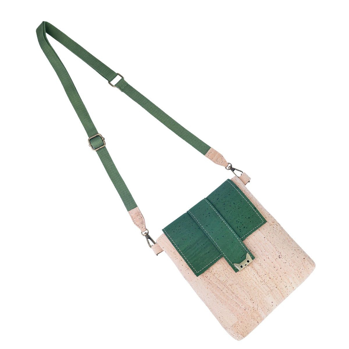Natural Cork Crossbody Bag with Green Flap & Cat Clasp — BAGP-376
