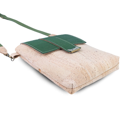 Natural Cork Crossbody Bag with Green Flap & Cat Clasp — BAGP-376