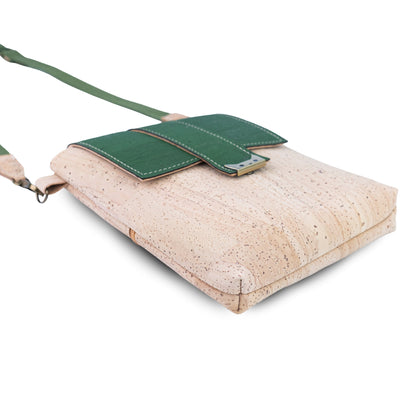 Natural Cork Crossbody Bag with Green Flap & Cat Clasp — BAGP-376
